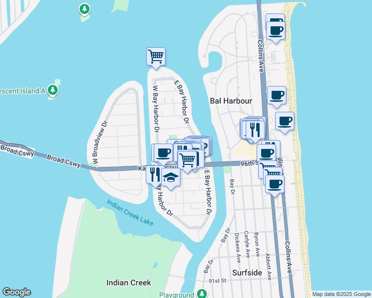 map of restaurants, bars, coffee shops, grocery stores, and more near 9725 Bay Harbor Terrace in Bay Harbor Islands