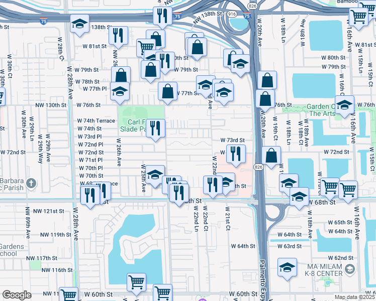 map of restaurants, bars, coffee shops, grocery stores, and more near 174 West 72nd Place in Hialeah