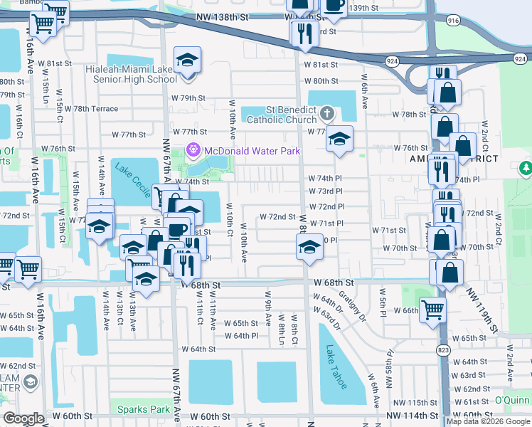 map of restaurants, bars, coffee shops, grocery stores, and more near 935 West 72nd Place in Hialeah