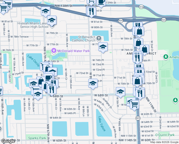 map of restaurants, bars, coffee shops, grocery stores, and more near 795 West 72nd Place in Hialeah