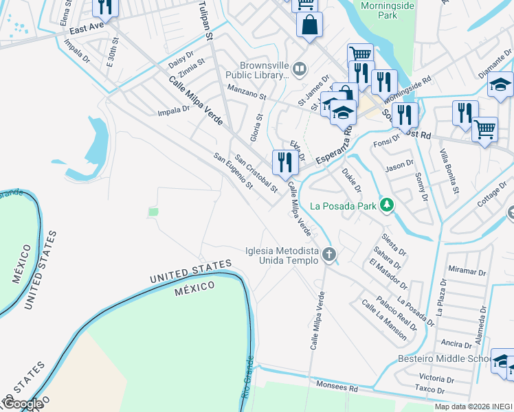 map of restaurants, bars, coffee shops, grocery stores, and more near 664 Santa Fe Street in Brownsville