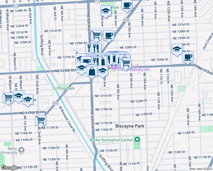map of restaurants, bars, coffee shops, grocery stores, and more near 720 Northeast 123rd Street in North Miami