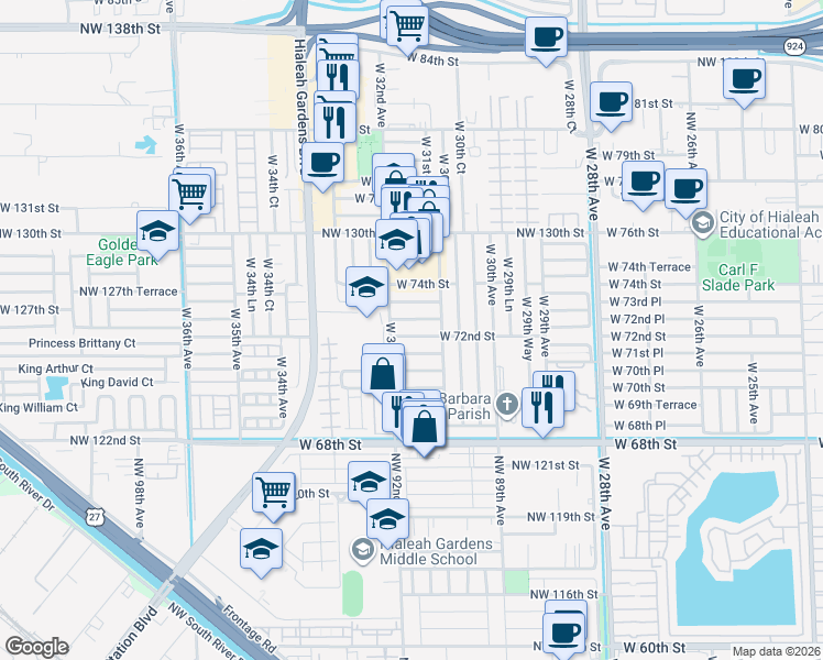 map of restaurants, bars, coffee shops, grocery stores, and more near 3183 West 72nd Terrace in Hialeah