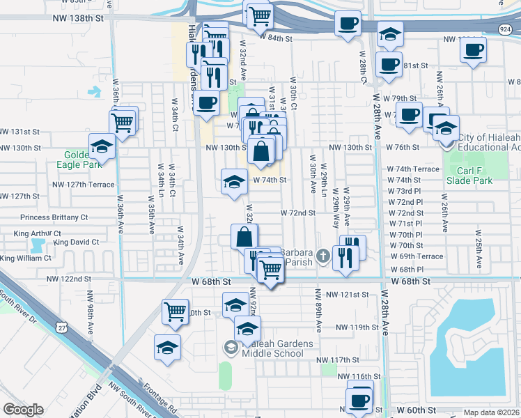 map of restaurants, bars, coffee shops, grocery stores, and more near 3183 West 72nd Terrace in Hialeah
