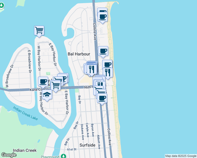 map of restaurants, bars, coffee shops, grocery stores, and more near in Bal Harbour
