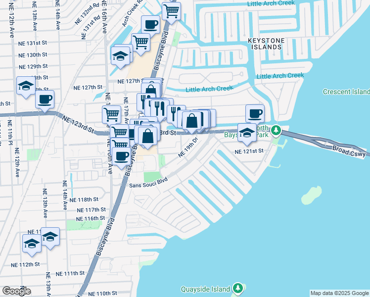 map of restaurants, bars, coffee shops, grocery stores, and more near 12150 Northeast 19th Avenue in North Miami