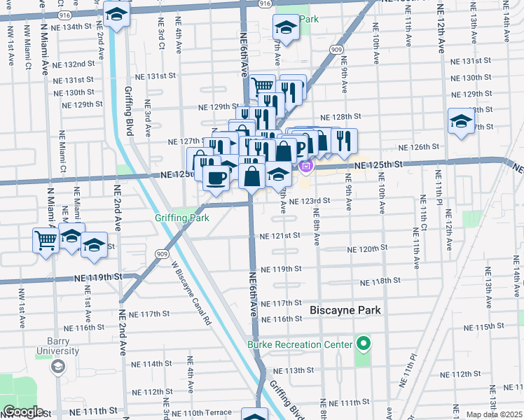 map of restaurants, bars, coffee shops, grocery stores, and more near 652 Northeast 123rd Street in North Miami