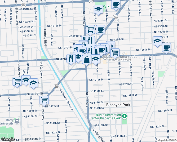 map of restaurants, bars, coffee shops, grocery stores, and more near 652 Northeast 123rd Street in North Miami