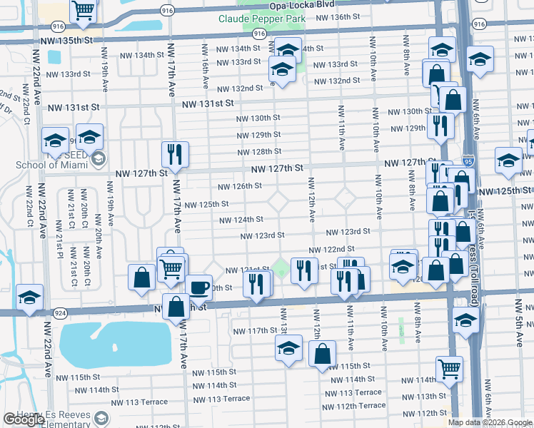 map of restaurants, bars, coffee shops, grocery stores, and more near 12450 Northwest 13th Avenue in North Miami