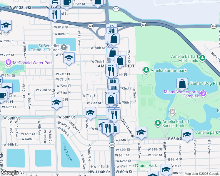 map of restaurants, bars, coffee shops, grocery stores, and more near 7385 Red Road in Hialeah