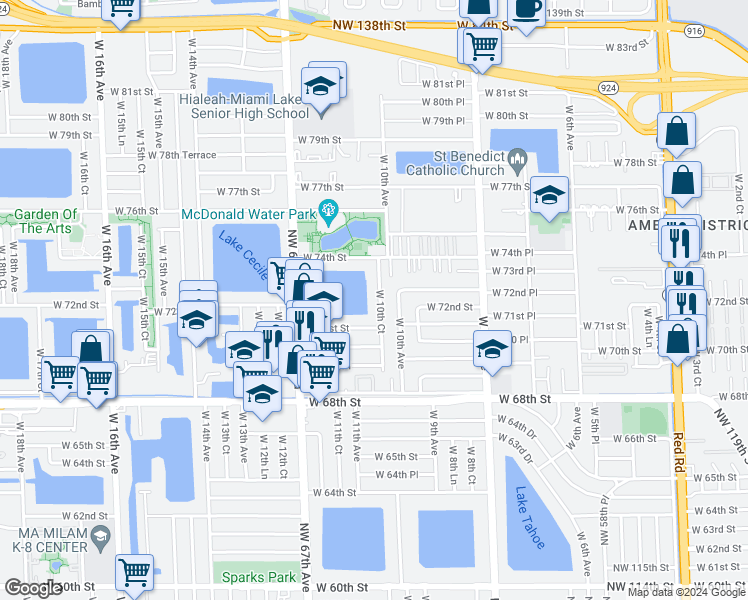map of restaurants, bars, coffee shops, grocery stores, and more near 7225 West 10th Court in Hialeah