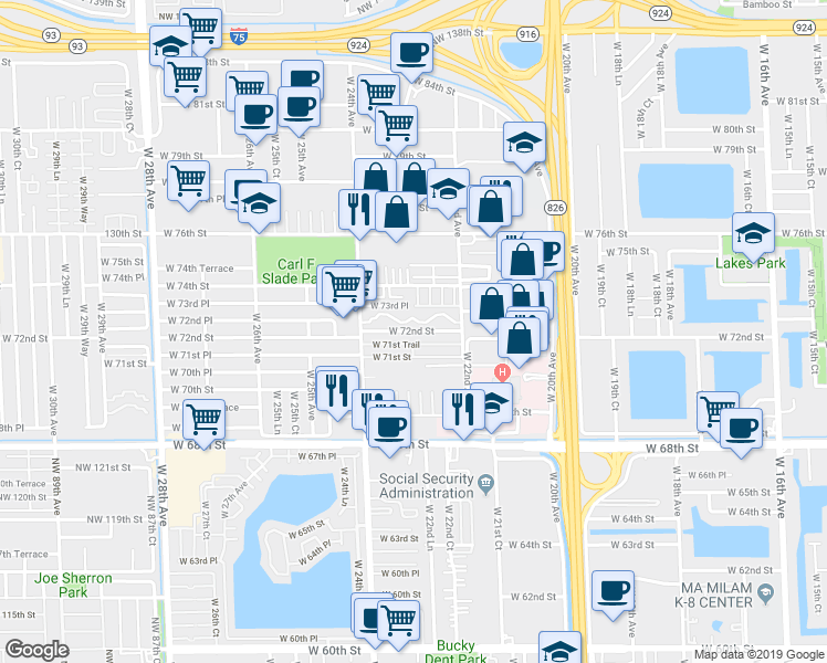 map of restaurants, bars, coffee shops, grocery stores, and more near 174 West 72nd Place in Hialeah