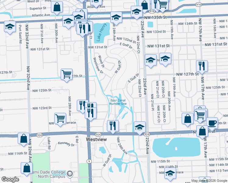 map of restaurants, bars, coffee shops, grocery stores, and more near 12530 West Golf Drive in Miami