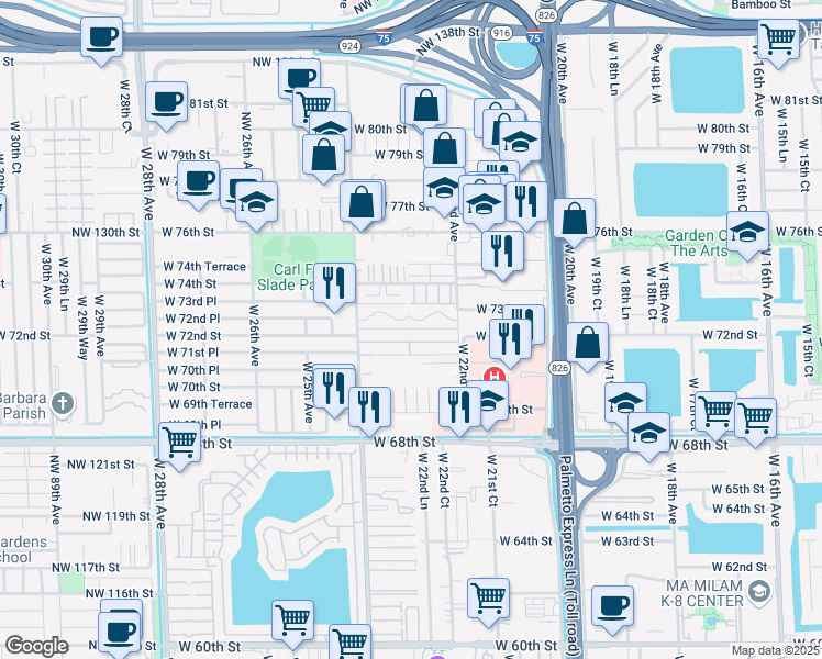 map of restaurants, bars, coffee shops, grocery stores, and more near 174 West 72nd Place in Hialeah