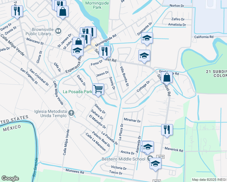 map of restaurants, bars, coffee shops, grocery stores, and more near 5081 Jovan Circle in Brownsville