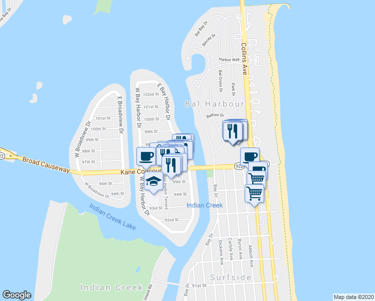 map of restaurants, bars, coffee shops, grocery stores, and more near 9770 East Bay Harbor Drive in Bay Harbor Islands