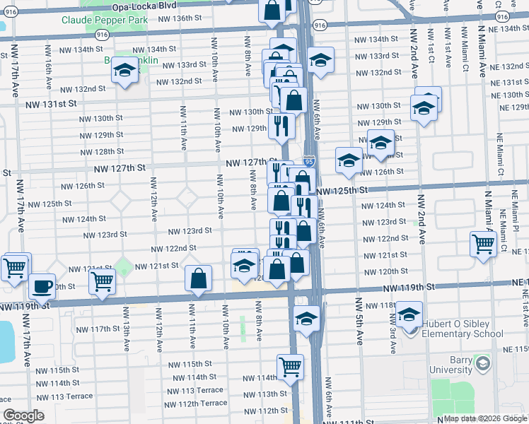 map of restaurants, bars, coffee shops, grocery stores, and more near 12415 Northwest 8th Avenue in North Miami