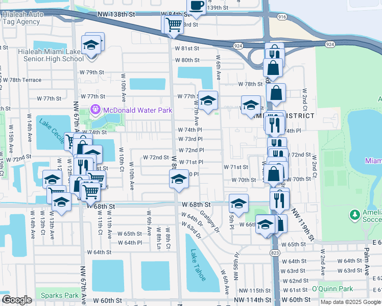 map of restaurants, bars, coffee shops, grocery stores, and more near 735 West 72nd Place in Hialeah