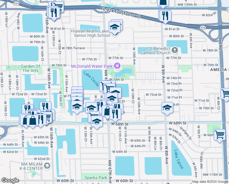 map of restaurants, bars, coffee shops, grocery stores, and more near 7200 West 11th Court in Hialeah