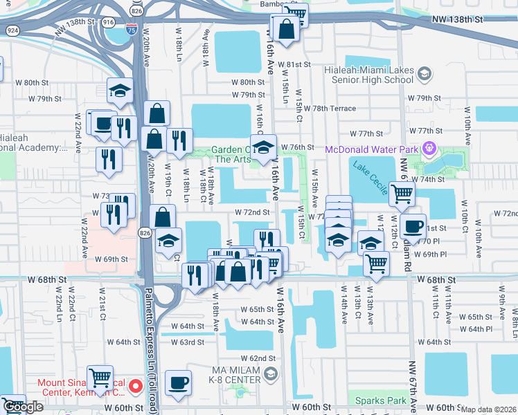 map of restaurants, bars, coffee shops, grocery stores, and more near 1689 West 72nd Street in Hialeah
