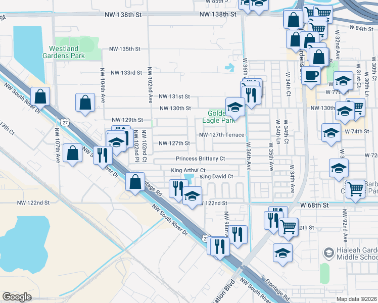 map of restaurants, bars, coffee shops, grocery stores, and more near 9971 Northwest 126th Terrace in Hialeah