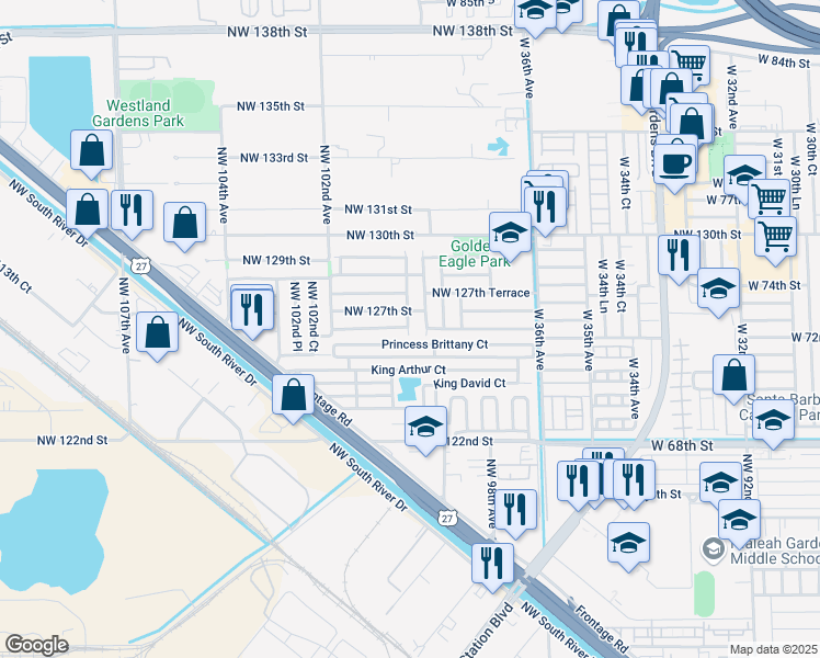 map of restaurants, bars, coffee shops, grocery stores, and more near 9971 Northwest 126th Terrace in Hialeah