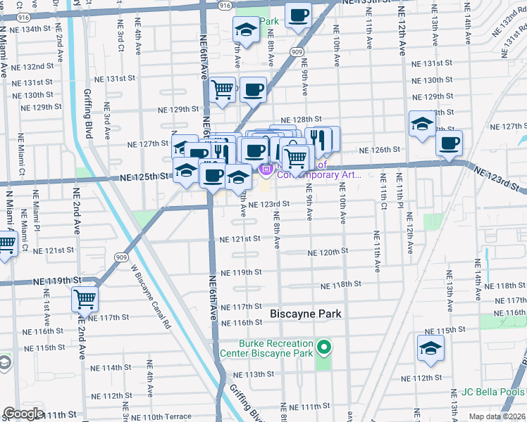map of restaurants, bars, coffee shops, grocery stores, and more near 795 Northeast 123rd Street in North Miami