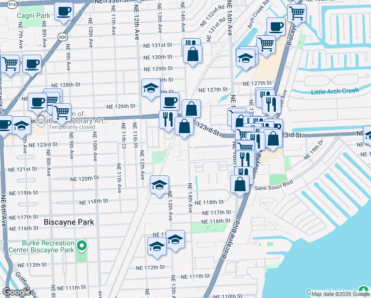 map of restaurants, bars, coffee shops, grocery stores, and more near 12230 Northeast 14th Avenue in North Miami