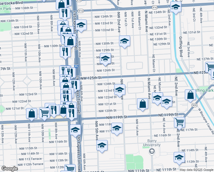 map of restaurants, bars, coffee shops, grocery stores, and more near 410 Northwest 124th Street in North Miami