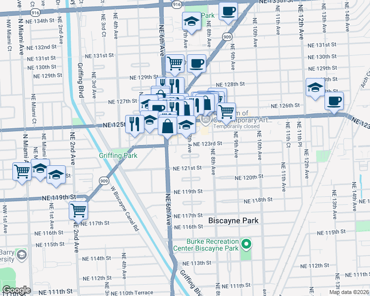 map of restaurants, bars, coffee shops, grocery stores, and more near 652 Northeast 123rd Street in North Miami