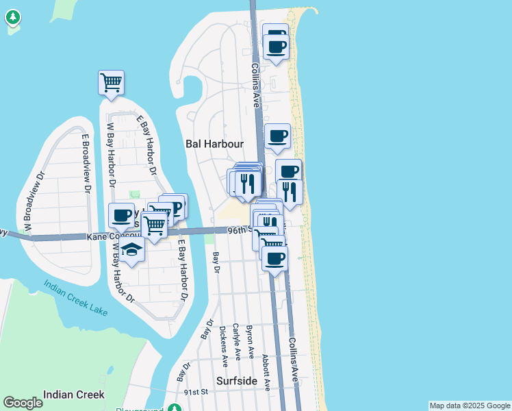 map of restaurants, bars, coffee shops, grocery stores, and more near 9700 Collins Avenue in Bal Harbour