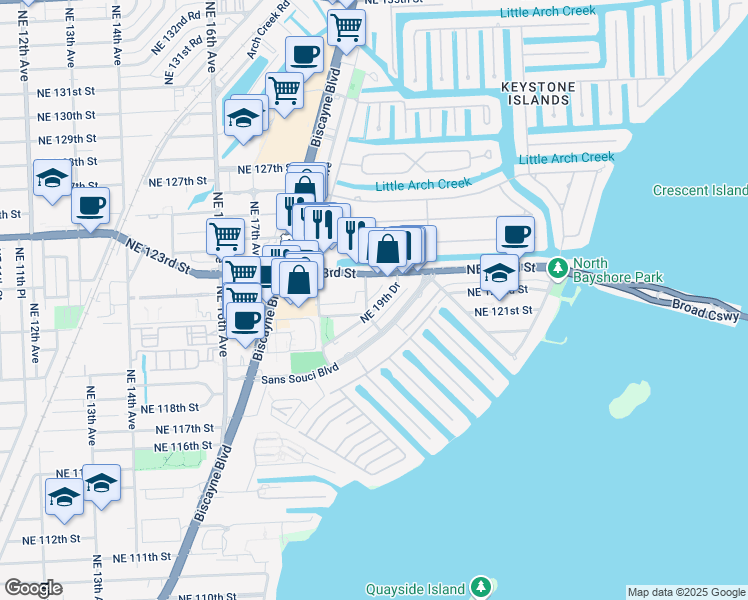 map of restaurants, bars, coffee shops, grocery stores, and more near 12150 Northeast 19th Avenue in North Miami