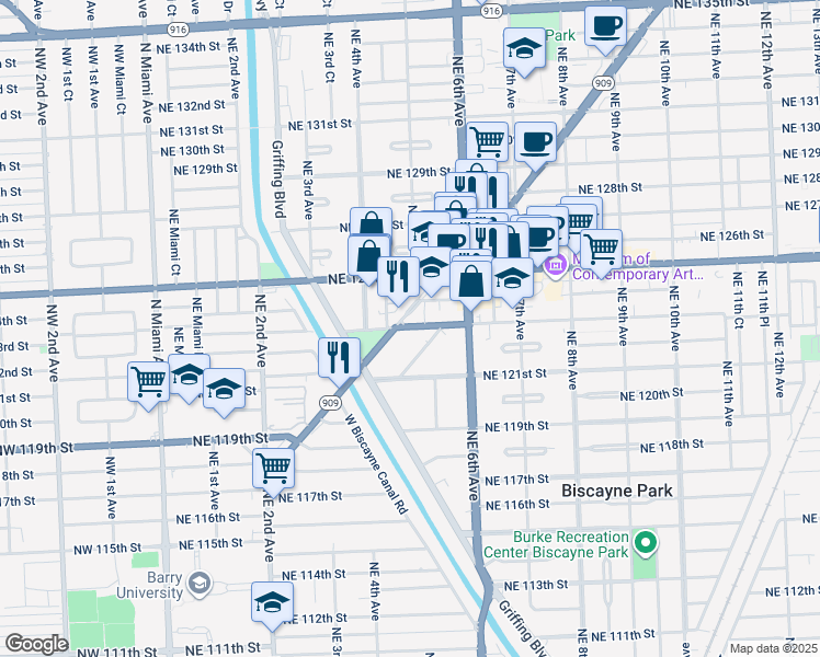 map of restaurants, bars, coffee shops, grocery stores, and more near 475 Northeast 123rd Street in North Miami