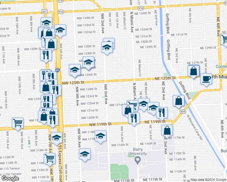 map of restaurants, bars, coffee shops, grocery stores, and more near 12340 Northwest 1st Court in North Miami
