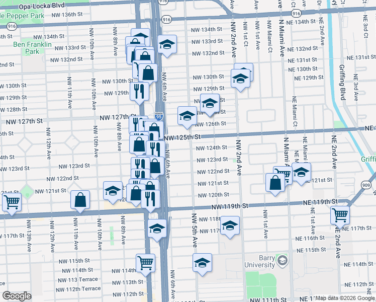 map of restaurants, bars, coffee shops, grocery stores, and more near 495 Northwest 124th Street in North Miami