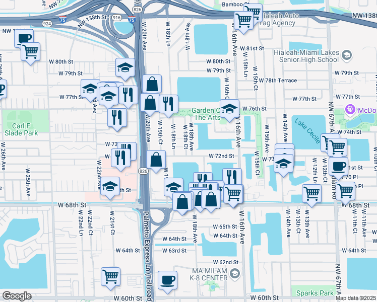 map of restaurants, bars, coffee shops, grocery stores, and more near 1824 West 72nd Place in Hialeah