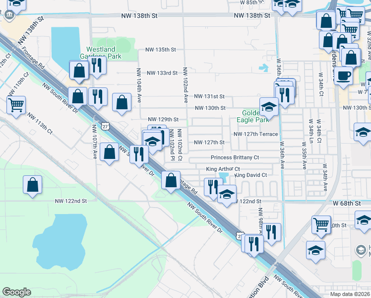 map of restaurants, bars, coffee shops, grocery stores, and more near 12712 Northwest 102nd Avenue in Hialeah Gardens