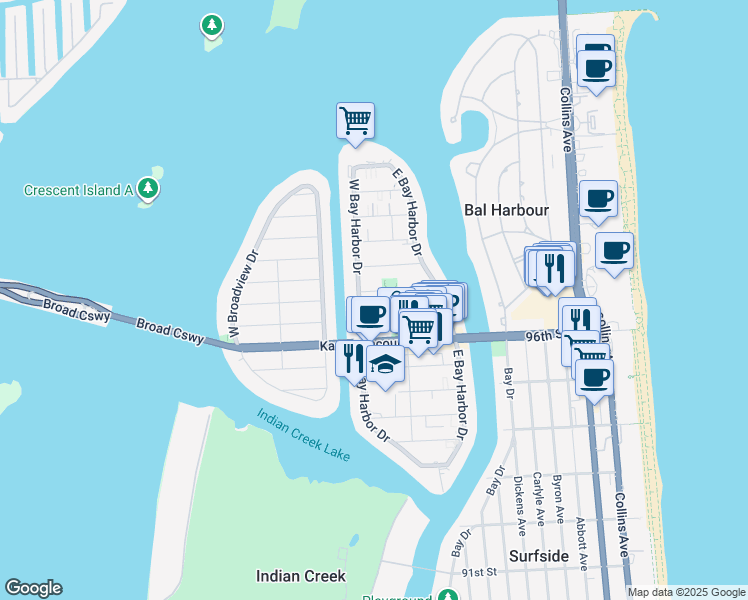 map of restaurants, bars, coffee shops, grocery stores, and more near 1150 98th Street in Bay Harbor Islands