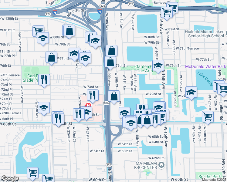 map of restaurants, bars, coffee shops, grocery stores, and more near 7215 West 20th Avenue in Hialeah
