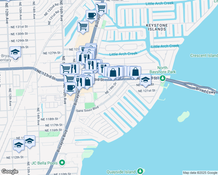 map of restaurants, bars, coffee shops, grocery stores, and more near 12150 Northeast 19th Avenue in North Miami