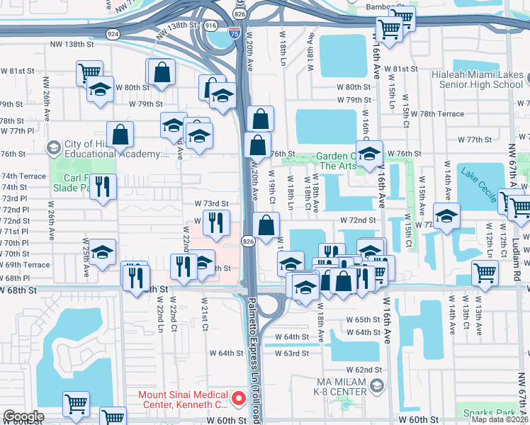 map of restaurants, bars, coffee shops, grocery stores, and more near 7215-7275 West 20th Avenue in Hialeah