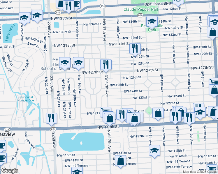 map of restaurants, bars, coffee shops, grocery stores, and more near 1640 Northwest 125th Street in North Miami