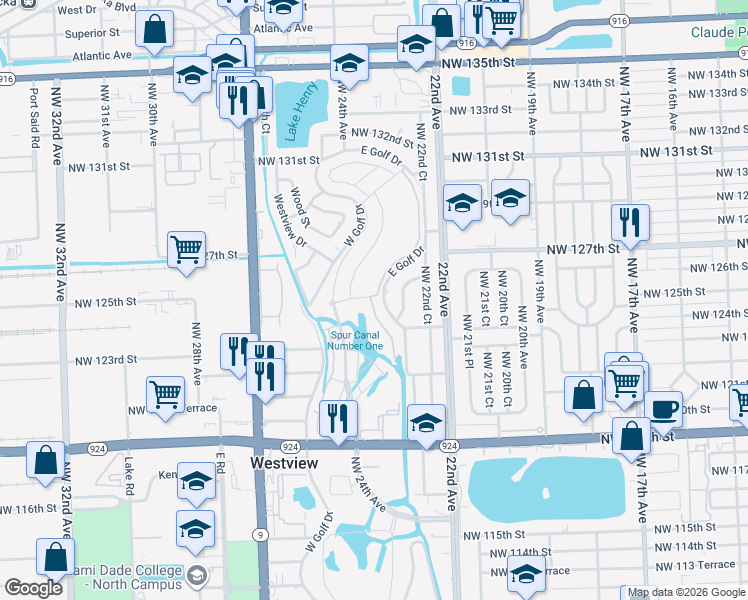 map of restaurants, bars, coffee shops, grocery stores, and more near 12501 East Golf Drive in North Miami