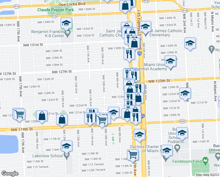 map of restaurants, bars, coffee shops, grocery stores, and more near 905 Northwest 124th Street in North Miami