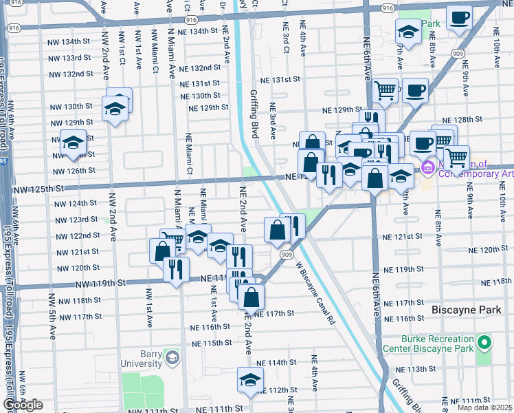 map of restaurants, bars, coffee shops, grocery stores, and more near 255 Northeast 123rd Street in North Miami
