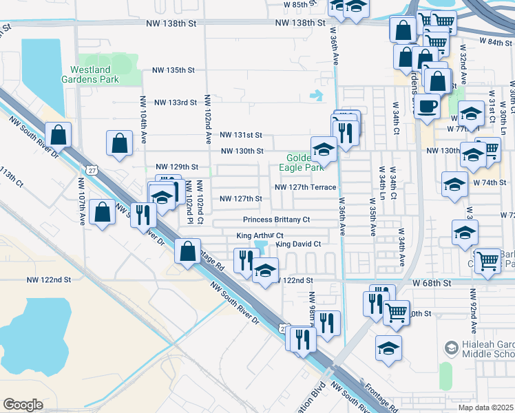 map of restaurants, bars, coffee shops, grocery stores, and more near 9971 Northwest 126th Terrace in Hialeah