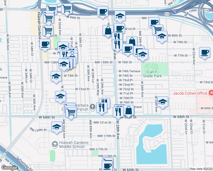 map of restaurants, bars, coffee shops, grocery stores, and more near 2883 West 72nd Terrace in Hialeah
