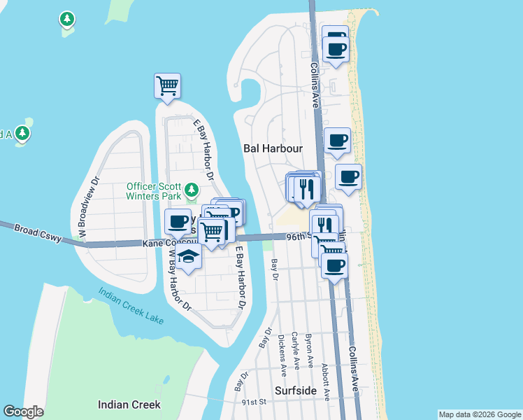 map of restaurants, bars, coffee shops, grocery stores, and more near 32 Camden Drive in Bal Harbour