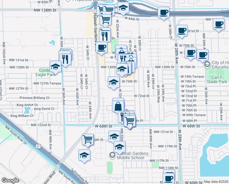 map of restaurants, bars, coffee shops, grocery stores, and more near 7330 West 32nd Avenue in Hialeah