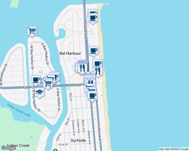 map of restaurants, bars, coffee shops, grocery stores, and more near 9701 Collins Avenue in Miami Beach